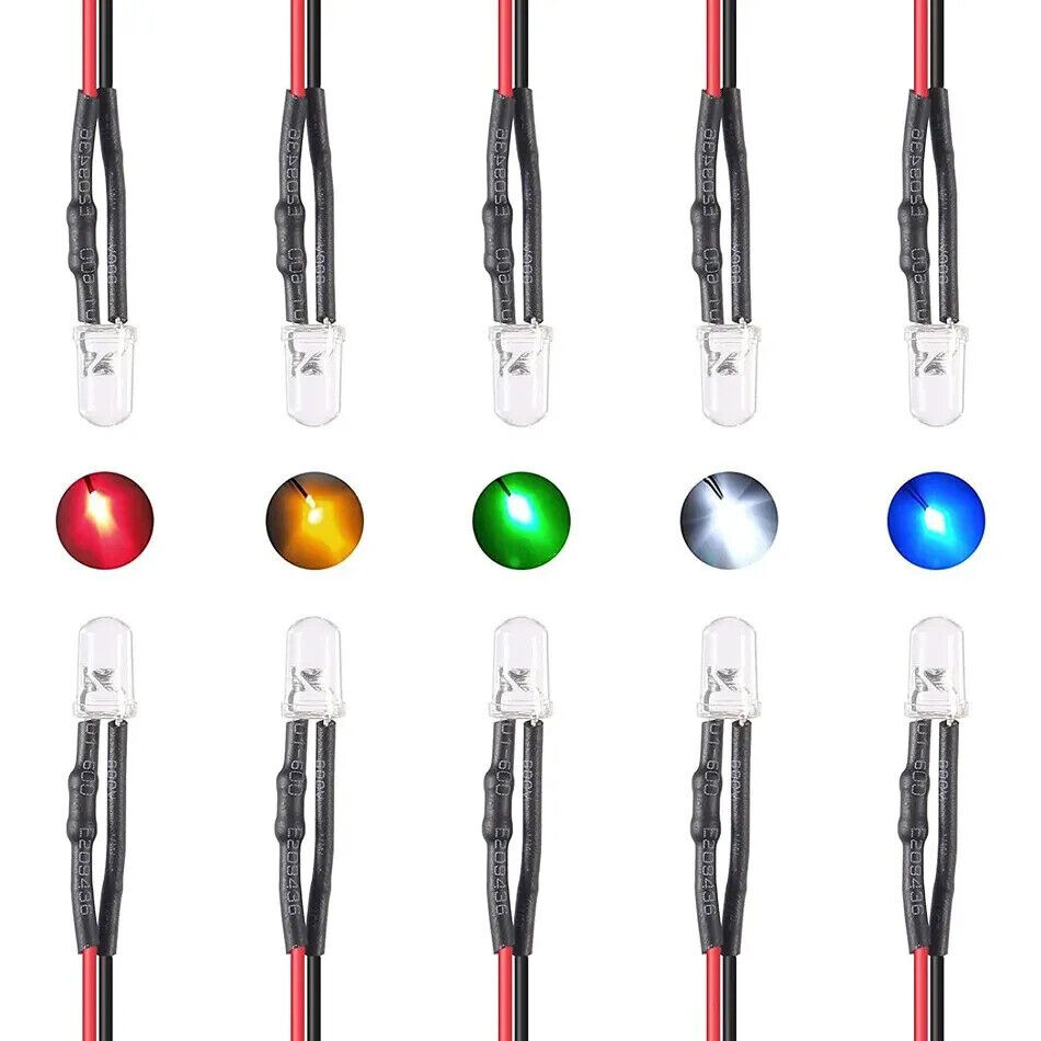 50 x 12V 5MM LED DIODE LIGHTS PRE WIRED 5 COLOURS