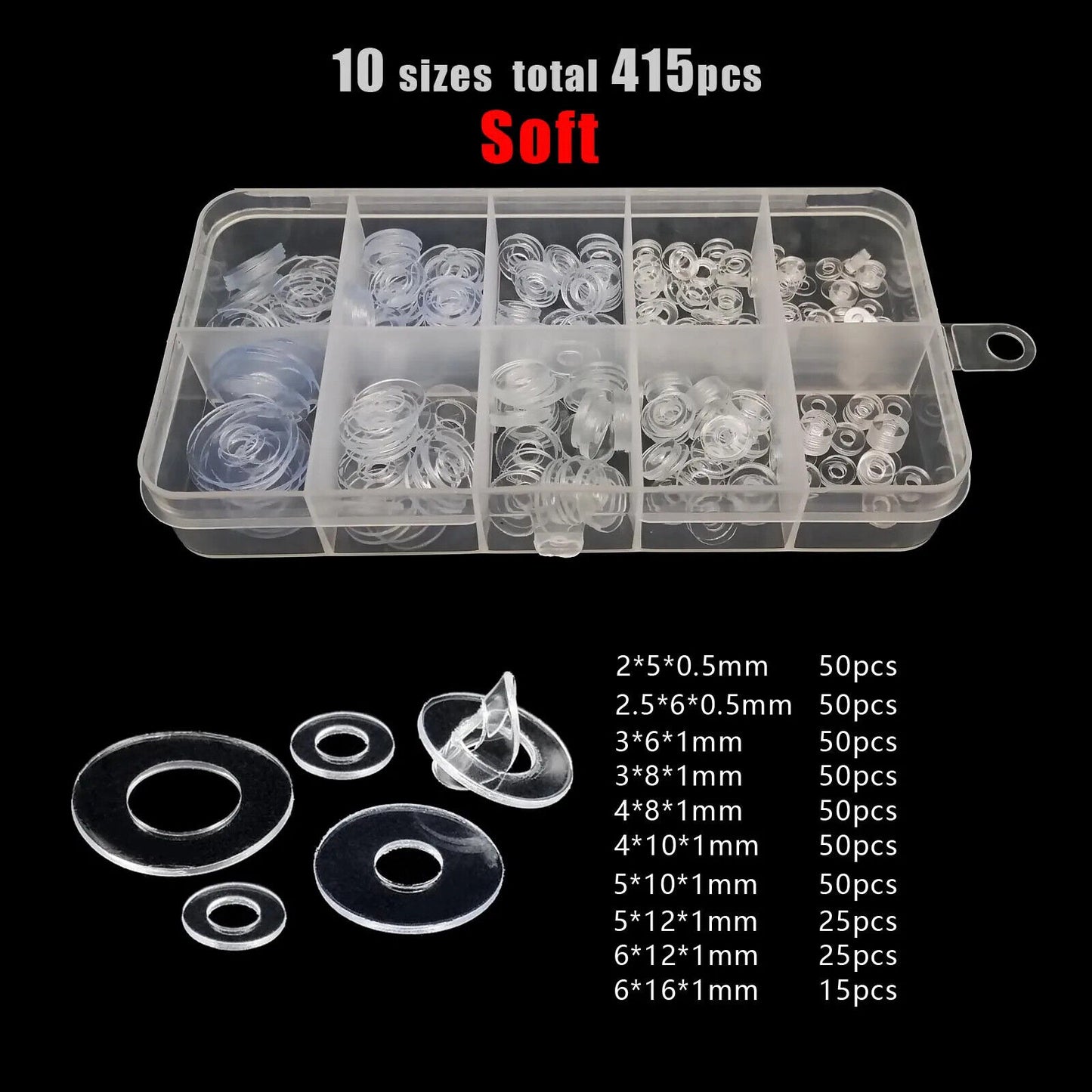 415 x SOFT FLAT PLASTIC TRANSPARENT WASHER SEALING GASKETS M2 - M12 CLEAR SPACER