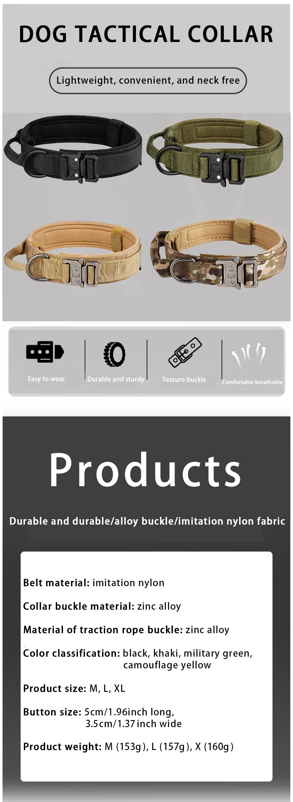 TACTICAL DOG COLLAR - BLACK GREEN KHAKI CAMO M L XL, METAL BUCKLE