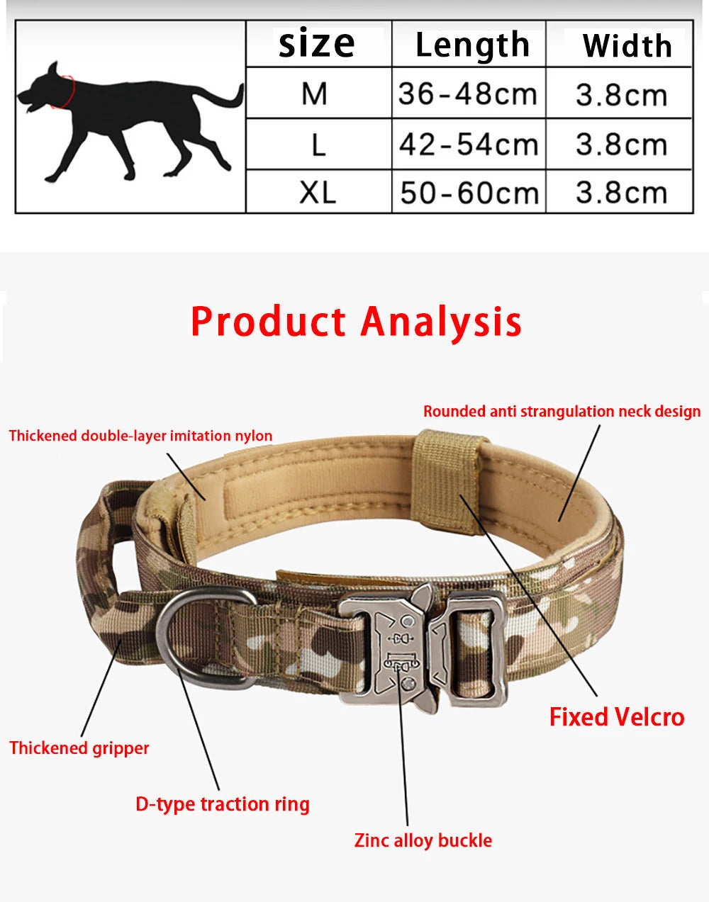 TACTICAL DOG COLLAR - BLACK GREEN KHAKI CAMO M L XL, METAL BUCKLE