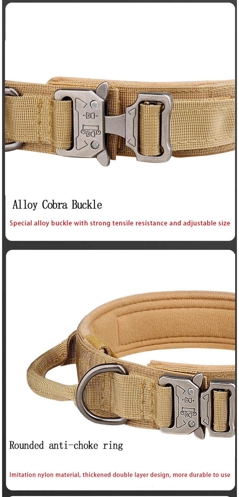 TACTICAL DOG COLLAR - BLACK GREEN KHAKI CAMO M L XL, METAL BUCKLE