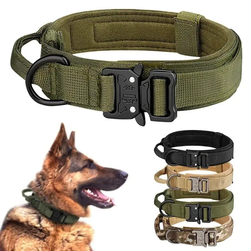 TACTICAL DOG COLLAR - BLACK GREEN KHAKI CAMO M L XL, METAL BUCKLE