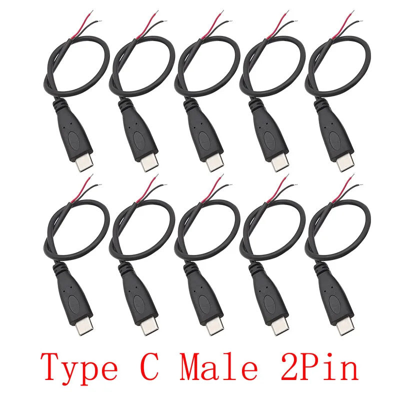 10 x 5V USB TYPE C MALE PLUG PRE WIRED, 2 PIN BLACK