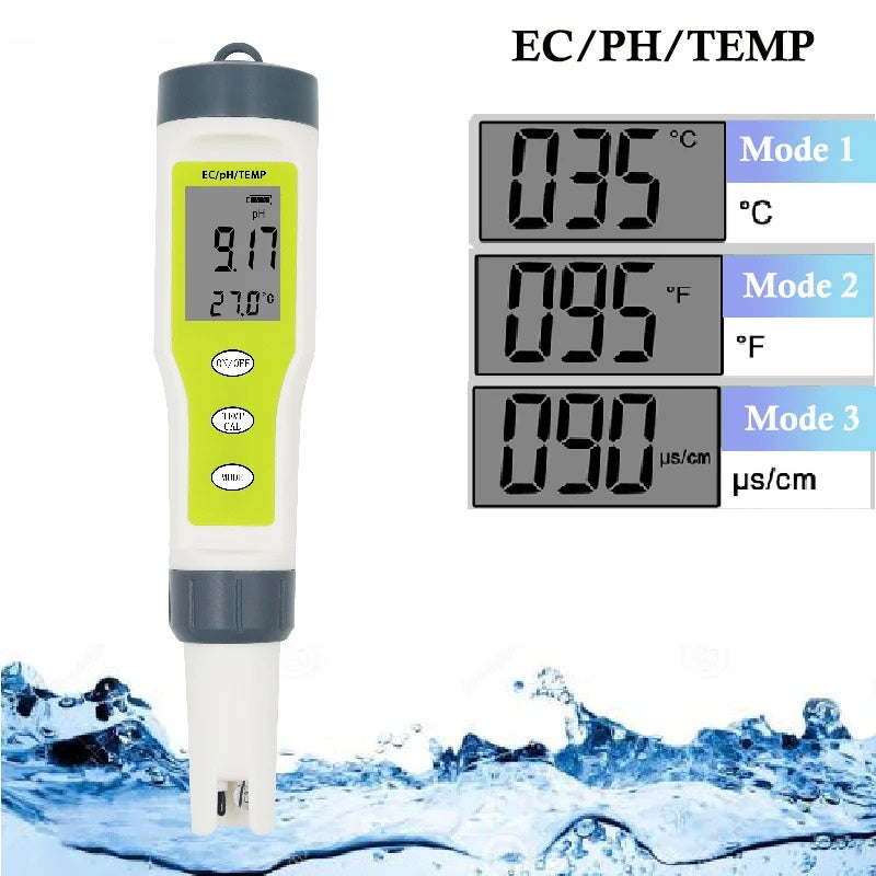 3 IN 1 DIGITAL WATER TESTER PH EC TEMPERATURE METER REPLACEABLE PROBE GREEN