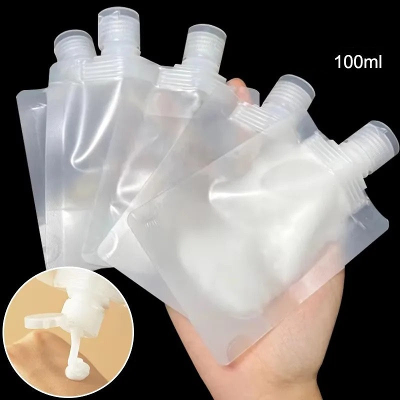 10 x 100ml TRAVEL PORTABLE SIZE REFILLABLE EMPTY SQUEEZE POUCHS