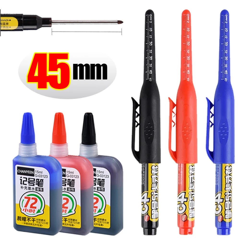 3 x 45mm DEEP HOLE MARKER PENS & 3 INK REFILLS BLACK RED BLUE