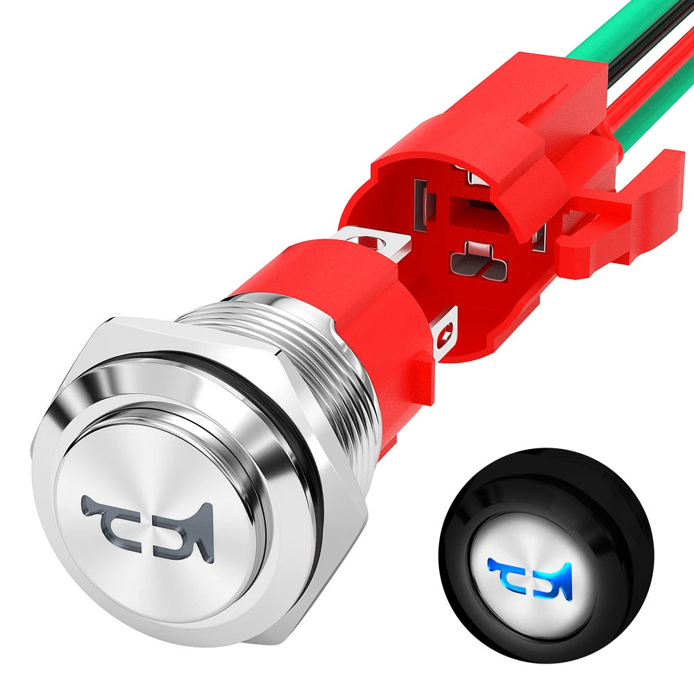 16mm METAL HORN BUTTON 12V 20A - BLUE LED