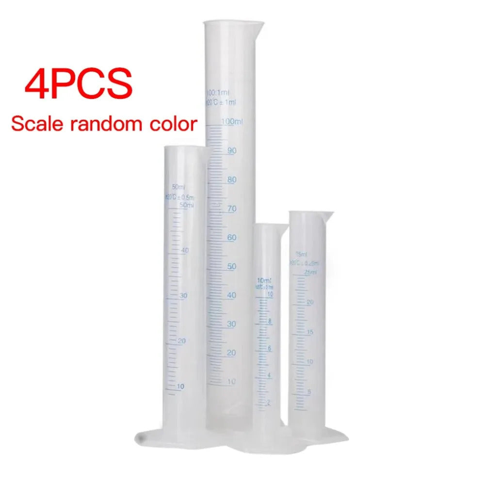 4 x PLASTIC MEASURING CYLINDERS 10ml 25ml 50ml 100ml