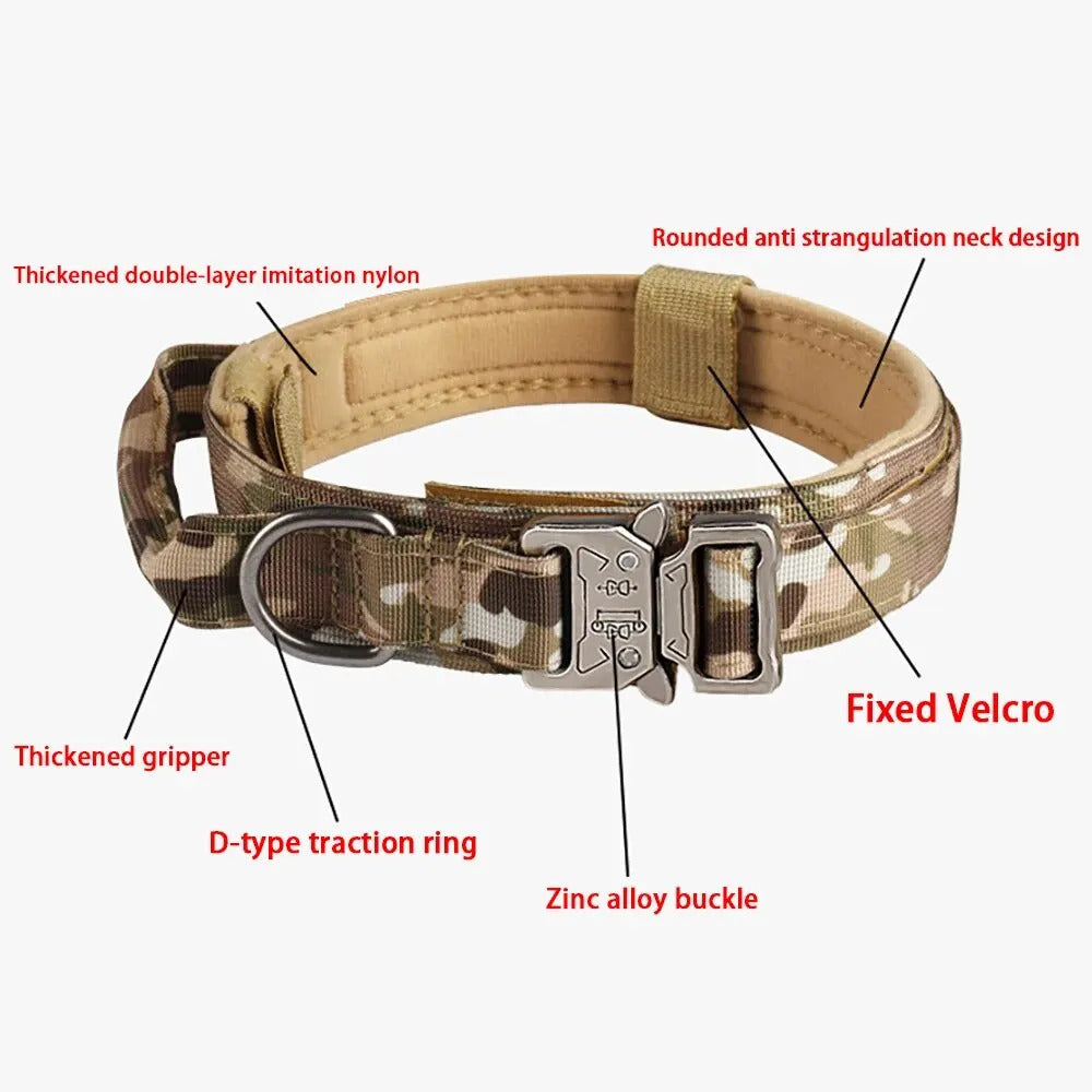 TACTICAL DOG COLLAR - BLACK GREEN KHAKI CAMO M L XL, METAL BUCKLE