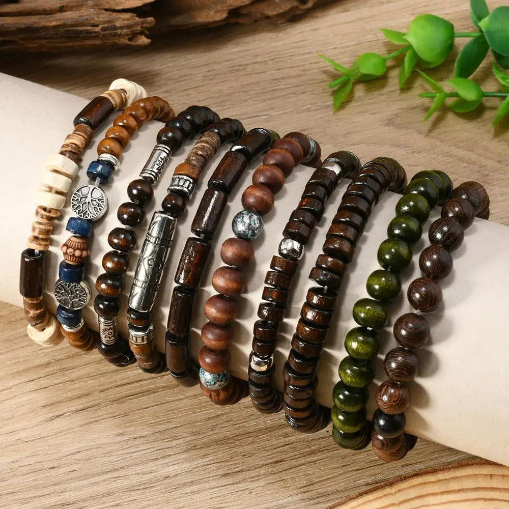 10 x WOODEN BEADED BRACELETS FOR MEN – BOHO ETHNIC TREE OF LIFE VINTAGE SET 07