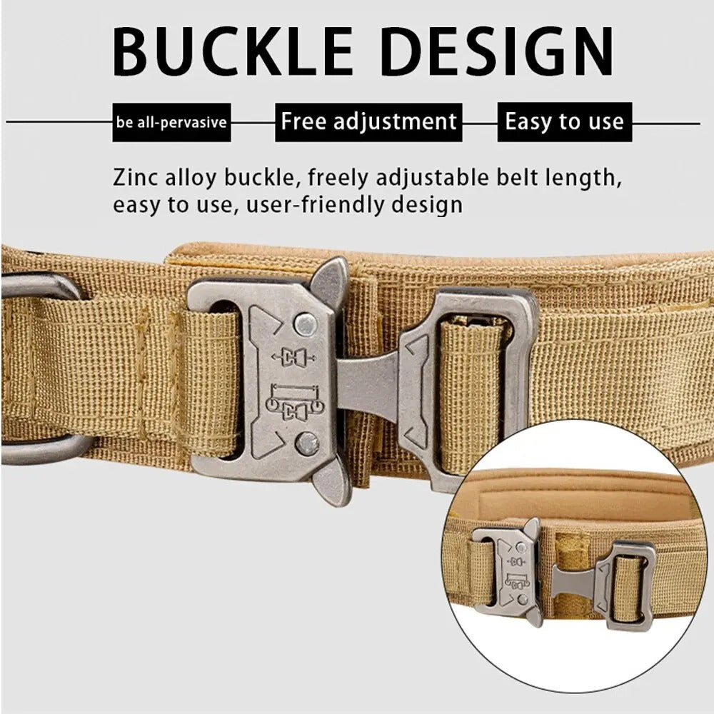 TACTICAL DOG COLLAR - BLACK GREEN KHAKI CAMO M L XL, METAL BUCKLE