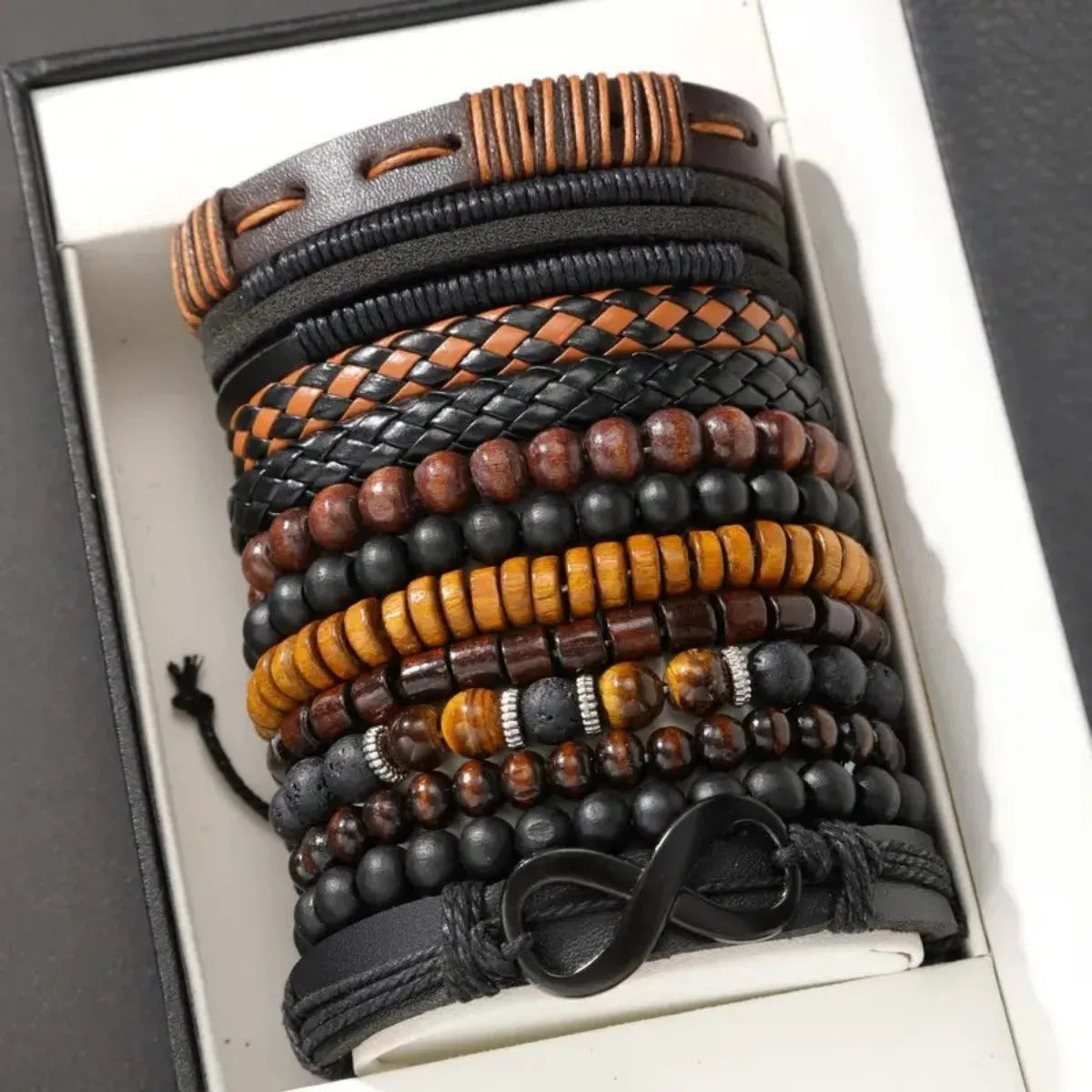 12 x VINTAGE TIGER'S EYE & MOONSTONE STYLE BRACELET SET – WOVEN FAUX LEATHER 03