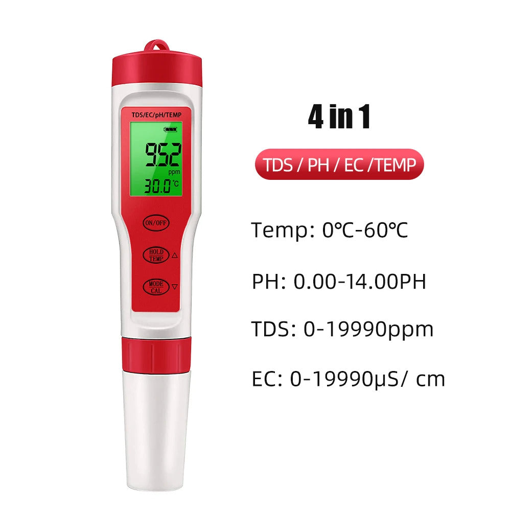4-IN-1 DIGITAL WATER QUALITY TESTER – TDS, EC, PH & TEMPERATURE METER RED