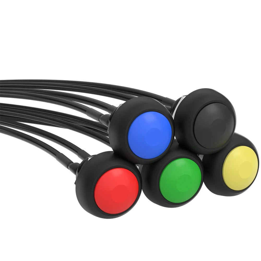 5 x 12mm WATERPROOF ROUND MOMENTARY PUSH SWITCHES - PRE WIRED