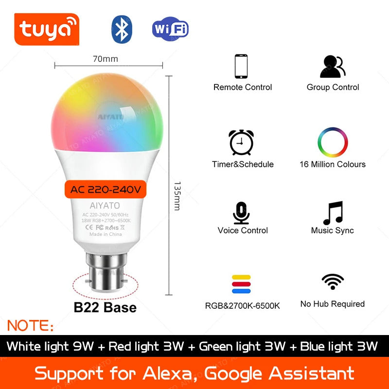 WIFI SMART BULB 18w - COLOUR CHANGING - GOOGLE HOME & ALEXA - B22 BASE