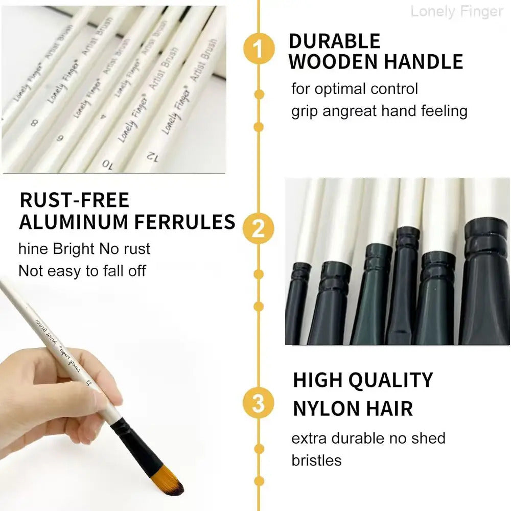 6 x PRO PAINT BRUSH SET - FLAT ROUND ANGLED FILBERT