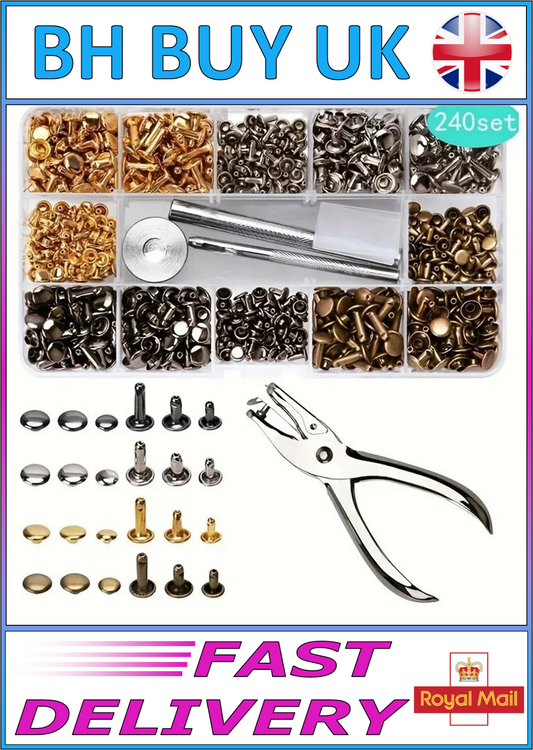 240 x METAL DOUBLE CAP RIVET STUDS & PLIERS