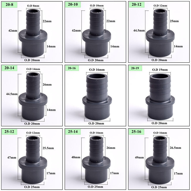 AQUARIUM POND FLEXIBLE HOSE TO SOLVENT WELD PIPE PVC FITTING 8 10 12 20 25 32mm