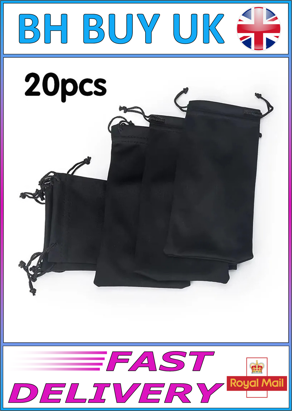 20 x BLACK MICROFIBRE SUNGLASSES READING GLASSES PHONE POUCH BAGS 17 x 8.5CM