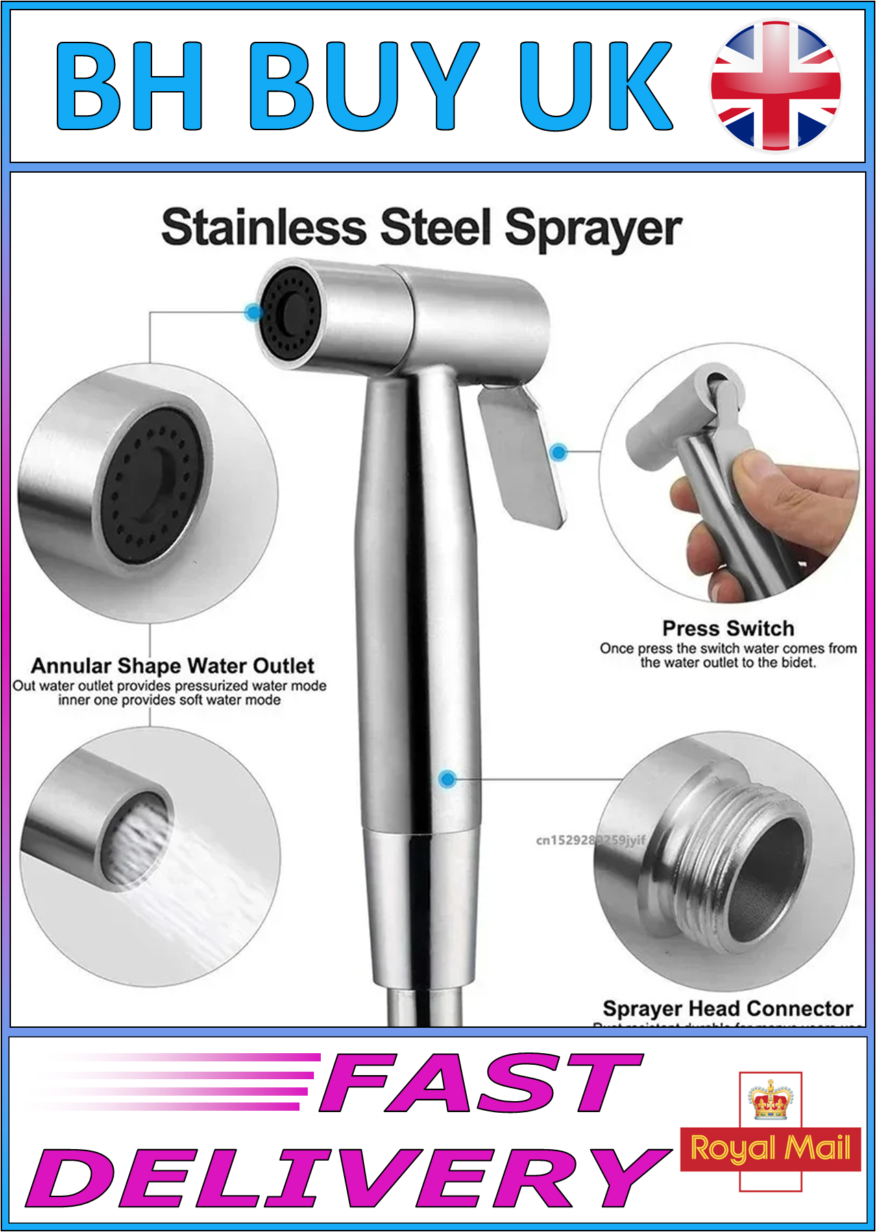 STAINLESS STEEL HAND SPRAY GUN - BIDET TOILET SHOWER 1/2"