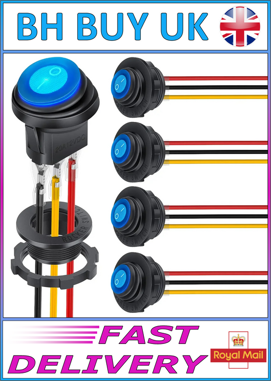 5 x RED / BLUE LED WATERPROOF ROCKER SWITCH PRE WIRED SPST 3 PIN ROUND ON OFF