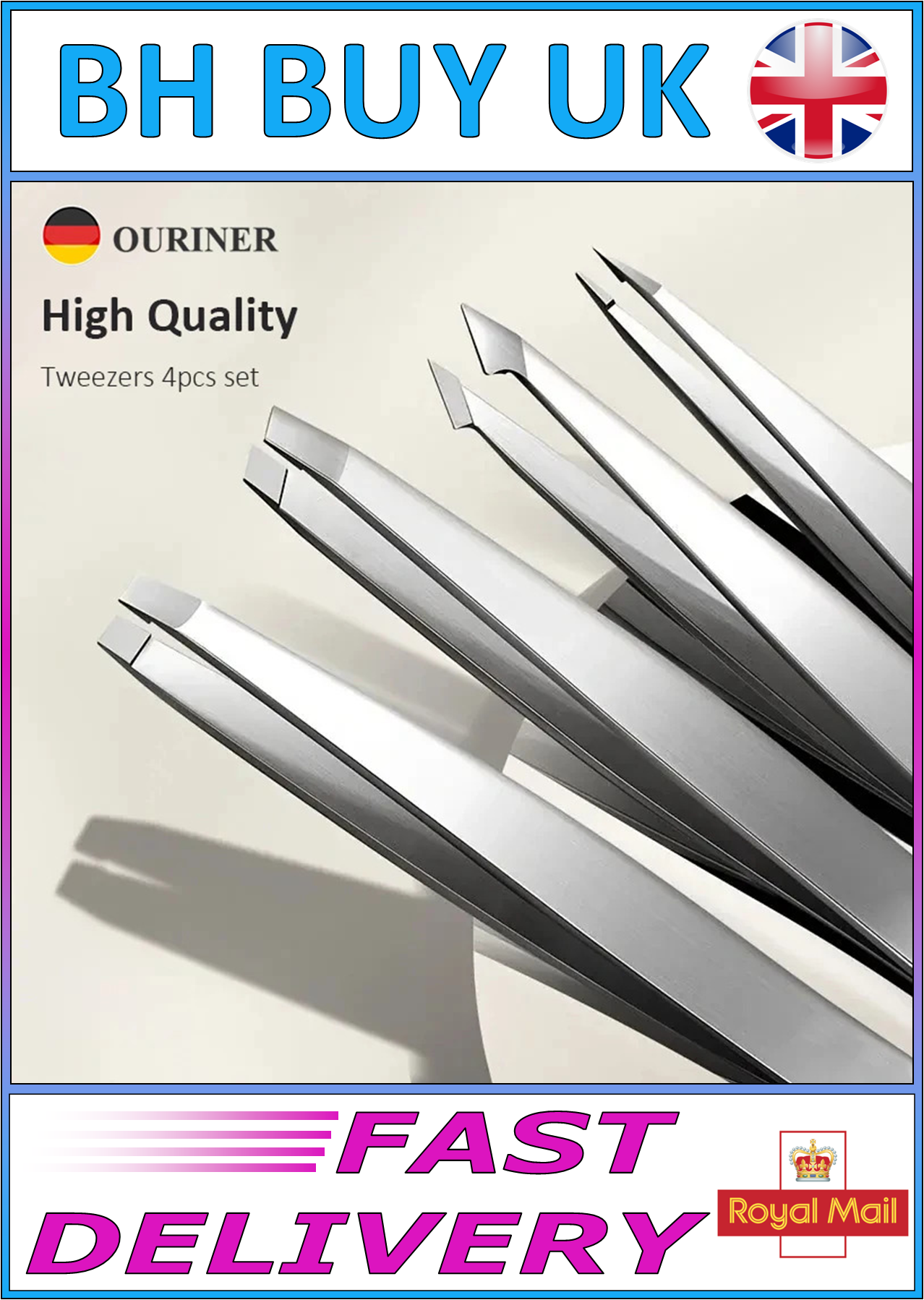 4 x EYEBROW TWEEZERS, STAINLESS STEEL