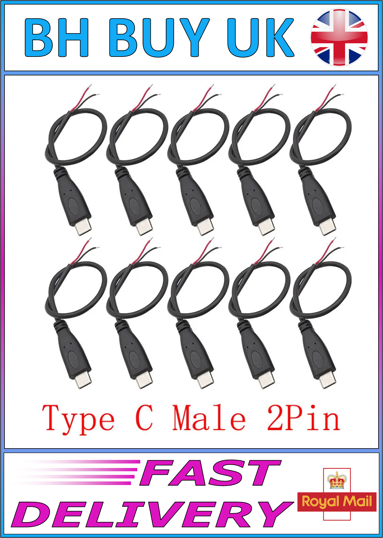 10 x 5V USB TYPE C MALE PLUG PRE WIRED, 2 PIN BLACK