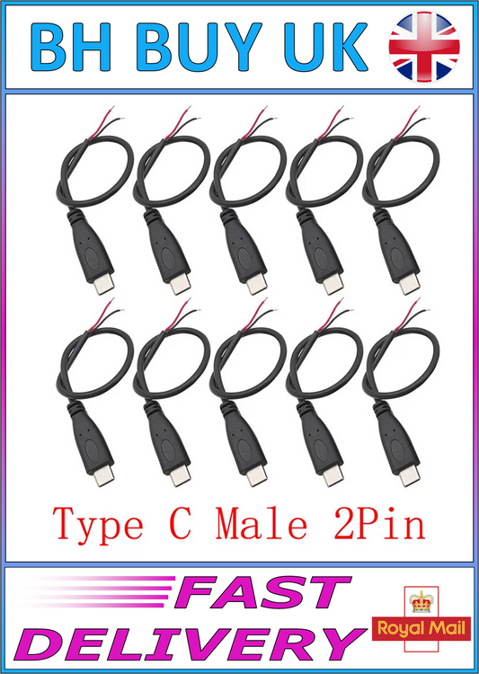 10 x 5V USB TYPE C MALE PLUG PRE WIRED, 2 PIN BLACK