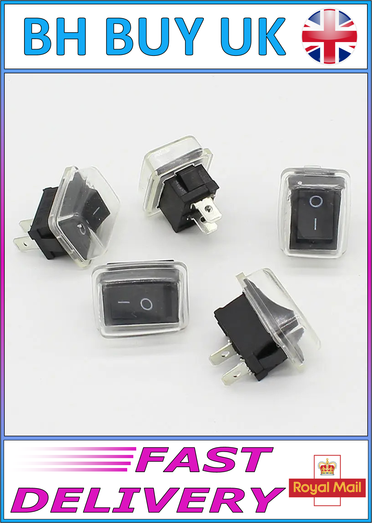 5 x BLACK MINI ROCKER SWITCH WITH WATERPROOF COVER ON OFF