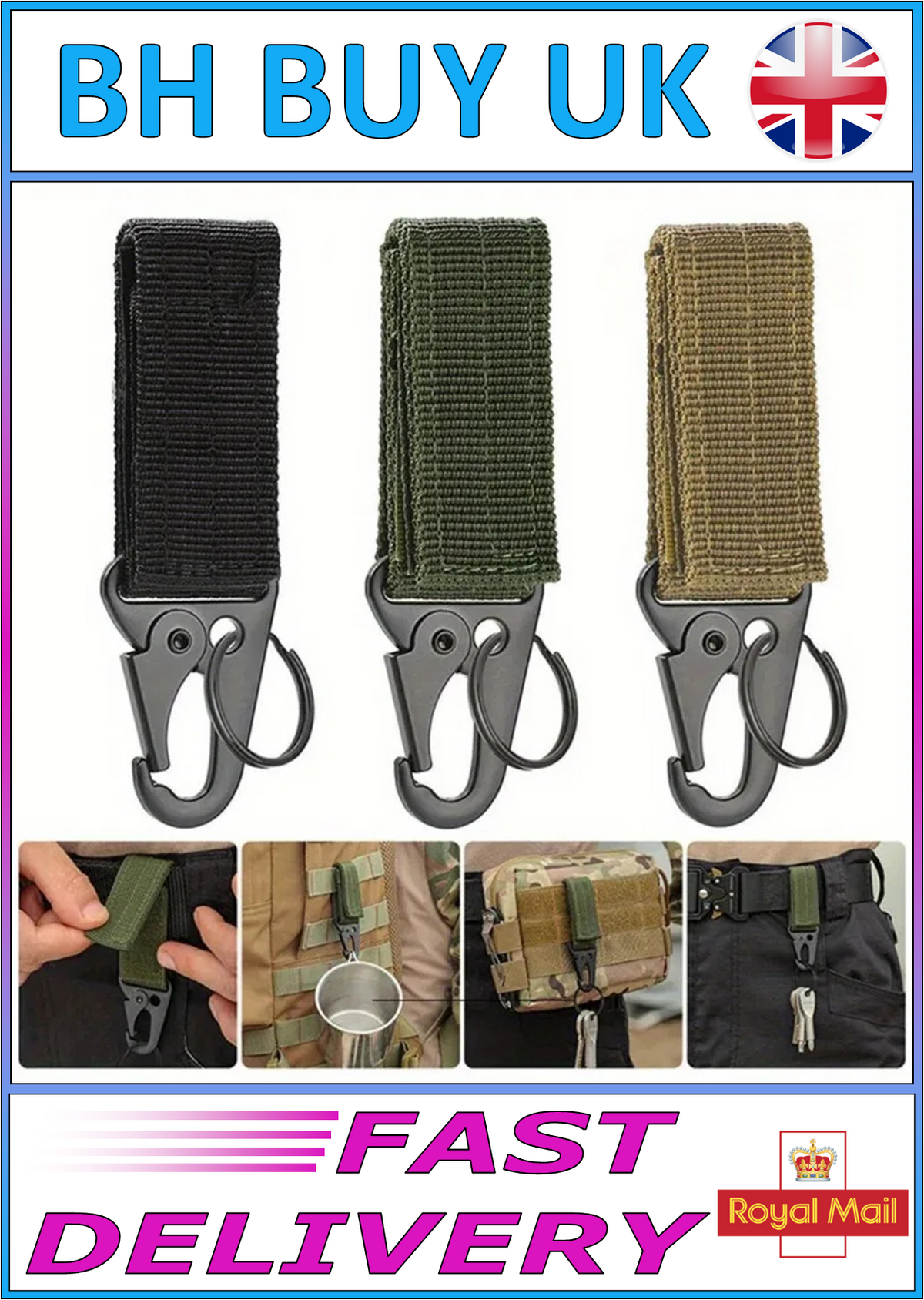 3 x TACTICAL CARABINER CLIPS NYLON WEBBING KEY HOOK MOLLE BACKPACK BELT EDC