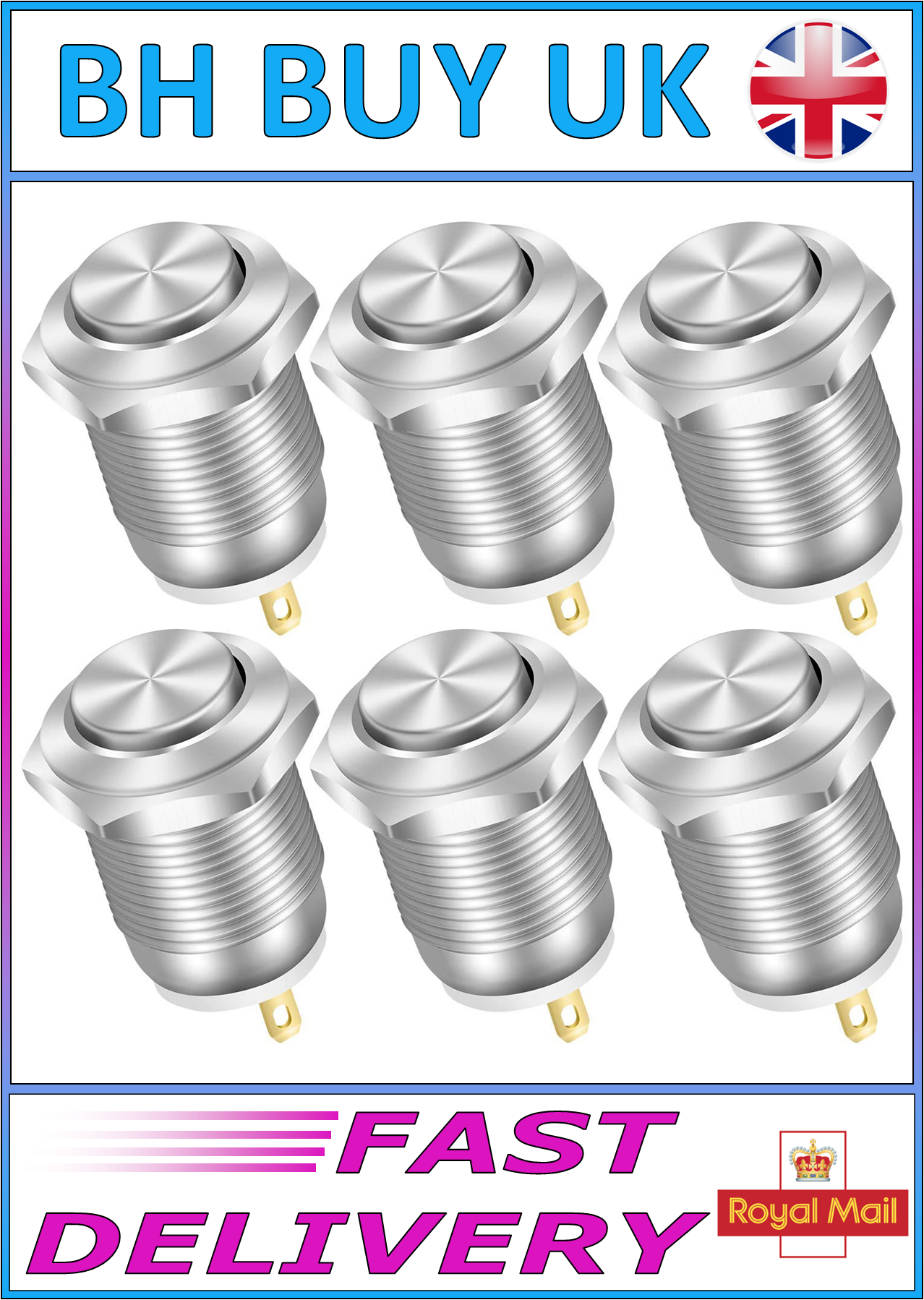 6 x STAINLESS STEEL MOMENTARY PUSH SWITCH 12mm
