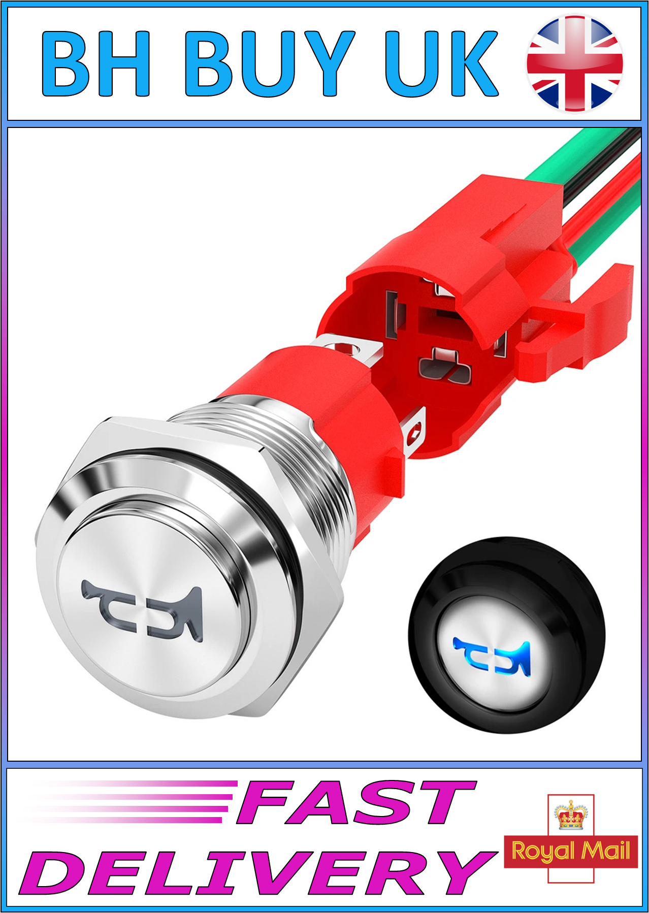16mm METAL HORN BUTTON 12V 20A - BLUE LED