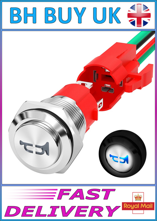 16mm METAL HORN BUTTON 12V 20A - BLUE LED