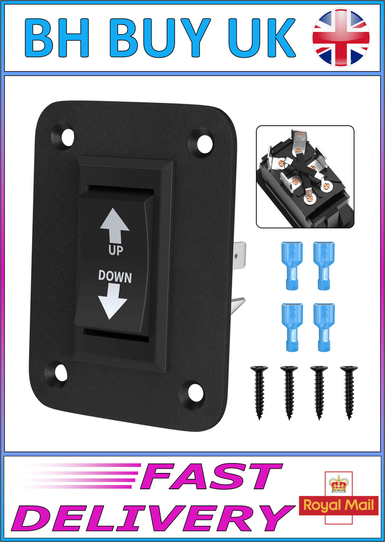UP & DOWN MOMENTARY ROCKER SWITCH REVERSE POLARITY 12V 30A DPDT