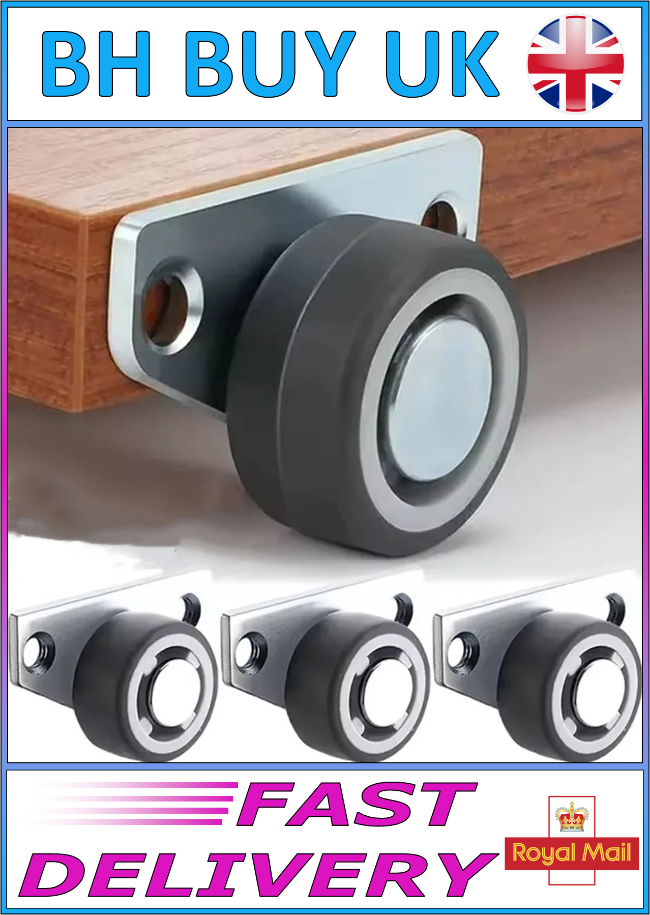 4 x RUBBER CASTER WHEEL SIDE MOUNT 3CM