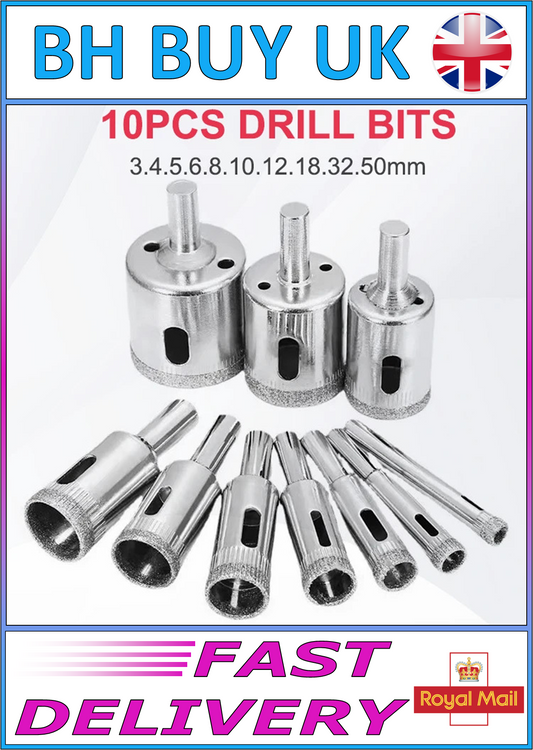 10 x DIAMOND HOLE SAW SET 3 4 5 6 8 10 12 18 32 50mm BITS