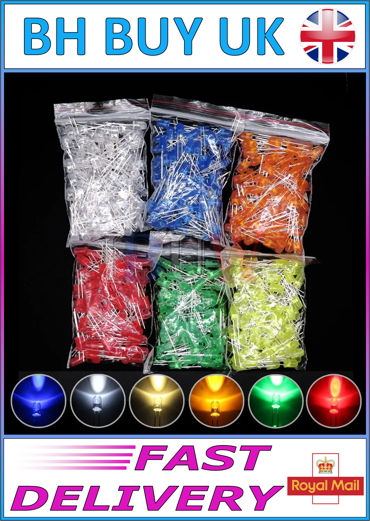 100 x 5mm LED DIODES RED GREEN BLUE YELLOW ORANGE MIXED