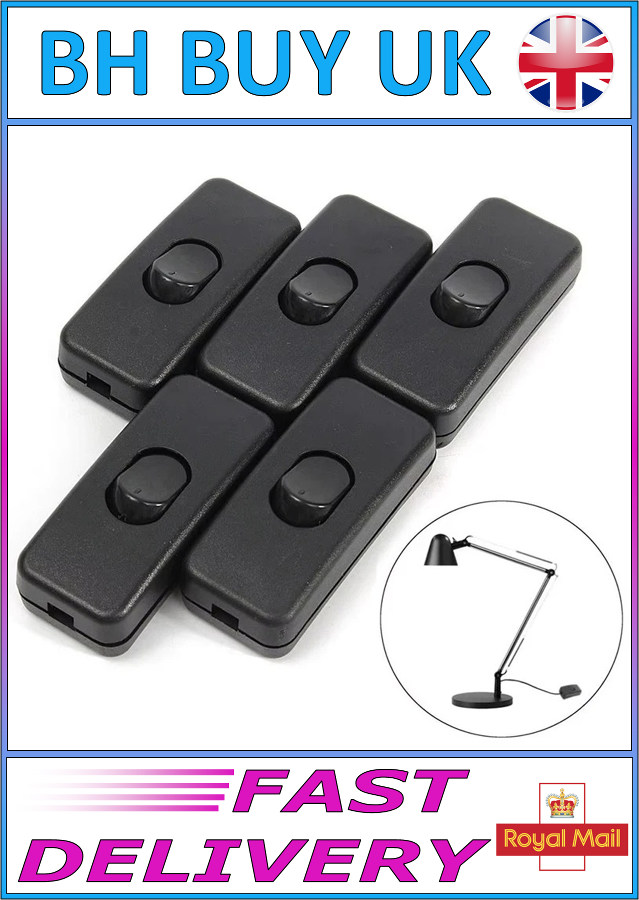 5 x INLINE BLACK LAMP LEAD ROCKER SWITCH