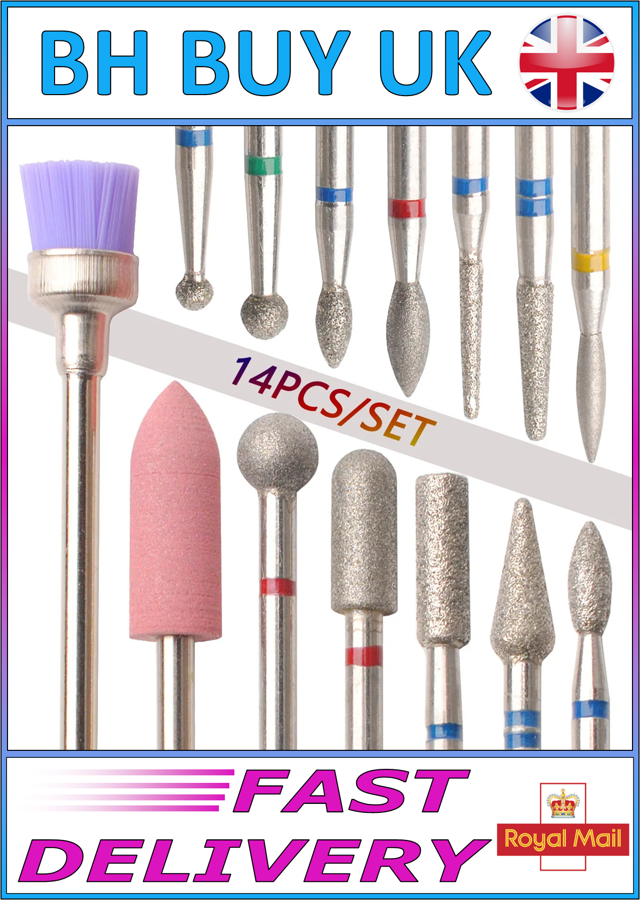 14 x NAIL DRILL BITS, MANICURE GEL ACRYLIC NAILS