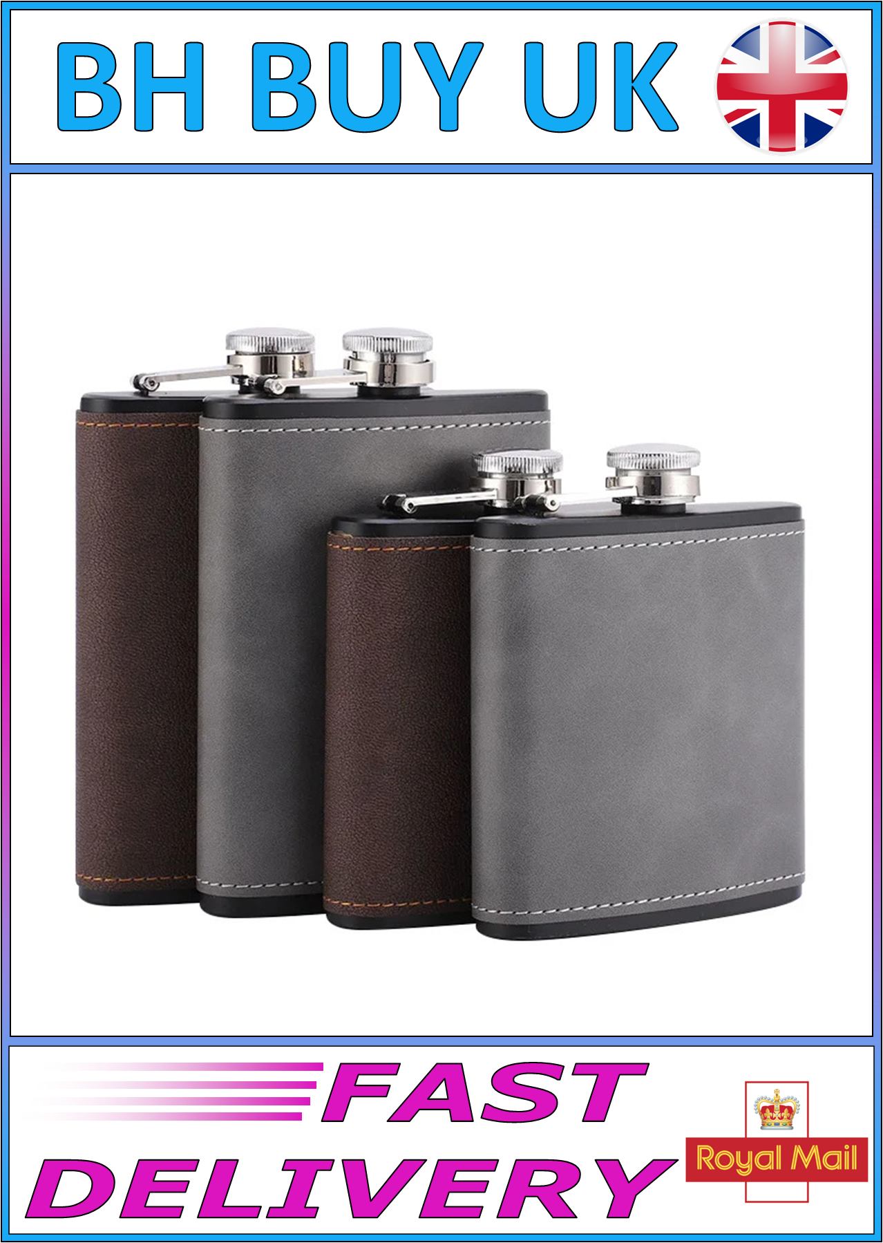 BROWN & GREY HIP FLASK 6oz 8oz STAINLESS STEEL