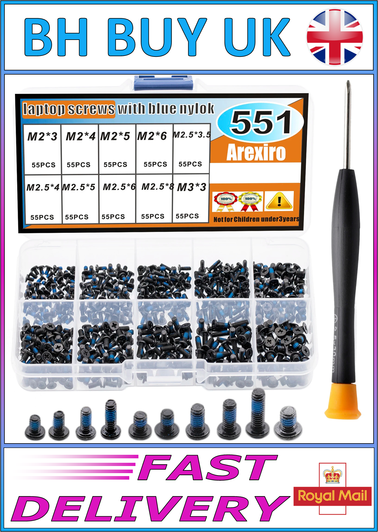 500 x M2 M2.5 M3 NYLON LOCK LAPTOP SCREWS WITH SCREWDRIVER