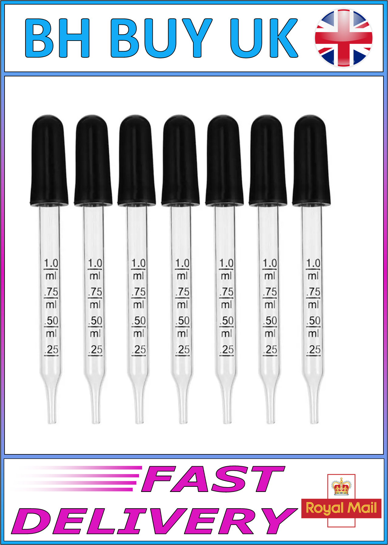 7 x 1ml GLASS DROPPER PIPETTE - STRAIGHT & ELBOW