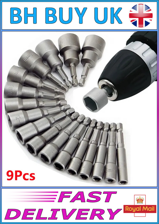 9 x HEX BIT SOCKET SET FOR IMPACT DRIVERS 5mm - 13mm