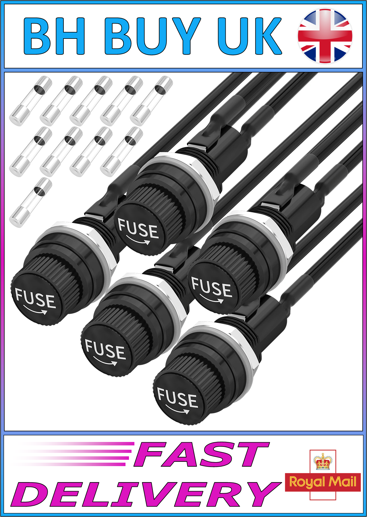 5 x PANEL MOUNT GLASS FUSE HOLDERS & FUSES - PRE SOLDERED WIRES