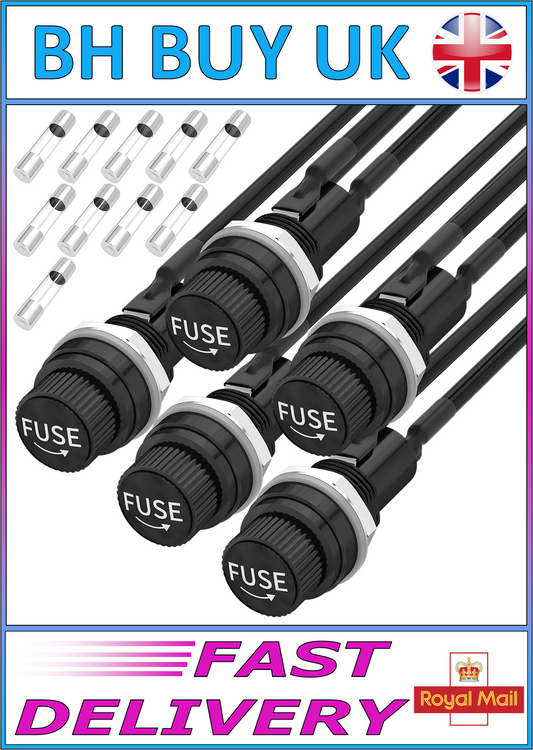 5 x PANEL MOUNT GLASS FUSE HOLDERS & FUSES - PRE SOLDERED WIRES