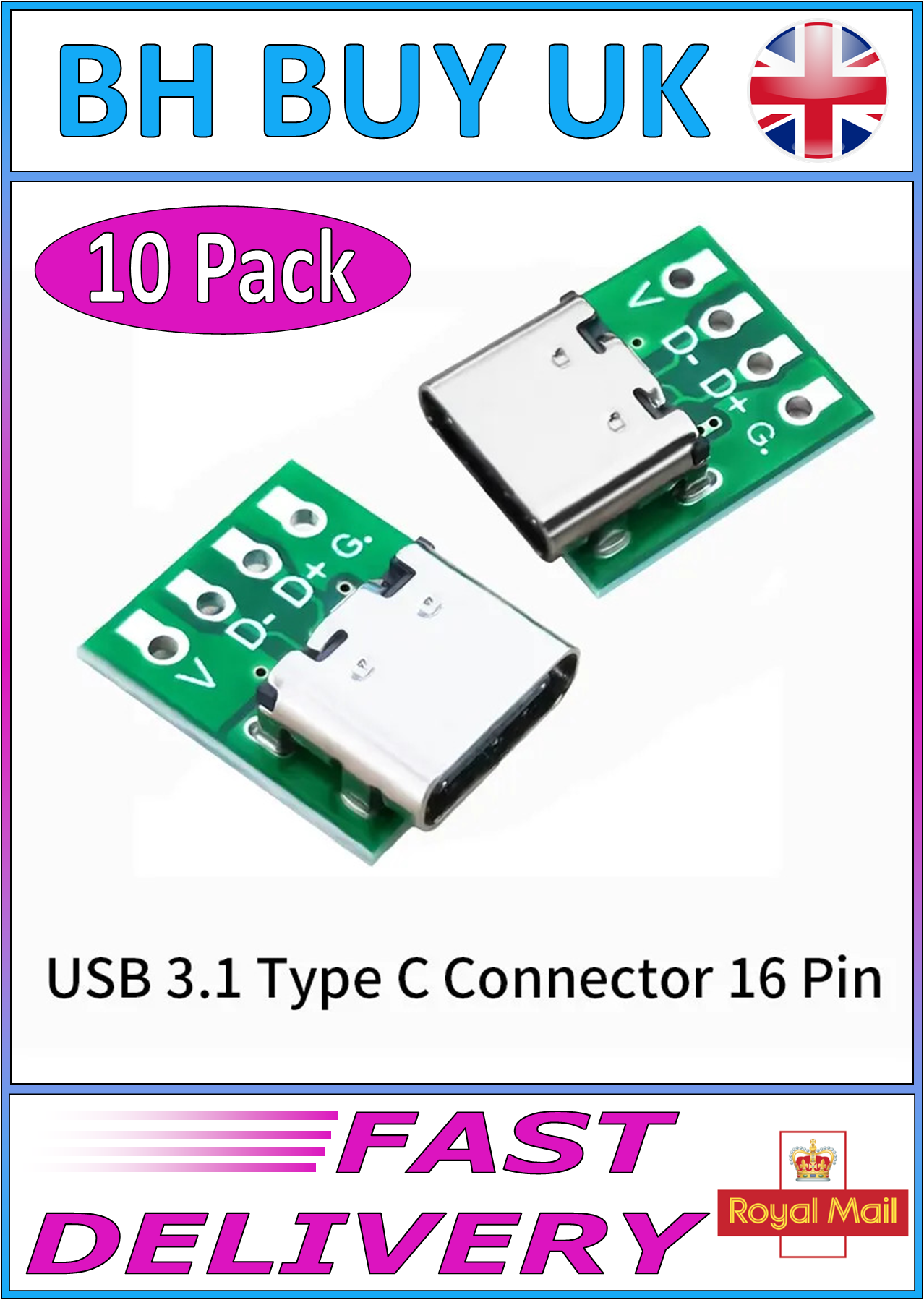 10 x FEMALE TYPE C USB 3.1 CONNECTORS 16 PIN SOCKET