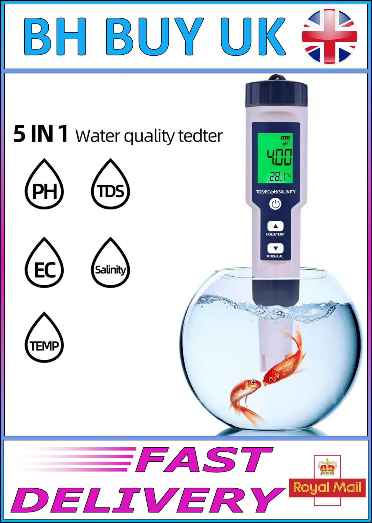 5 IN 1 DIGITAL WATER QUALITY TESTER PH TDS EC SALINITY TEMPERATURE METER