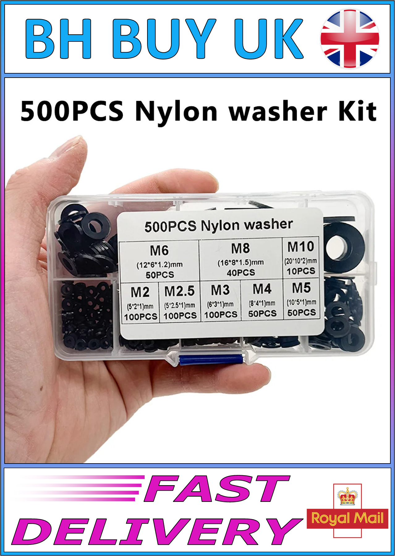 500 x BLACK NYLON WASHER M2 M2.5 M3 M4 M5 M6 M8 M10