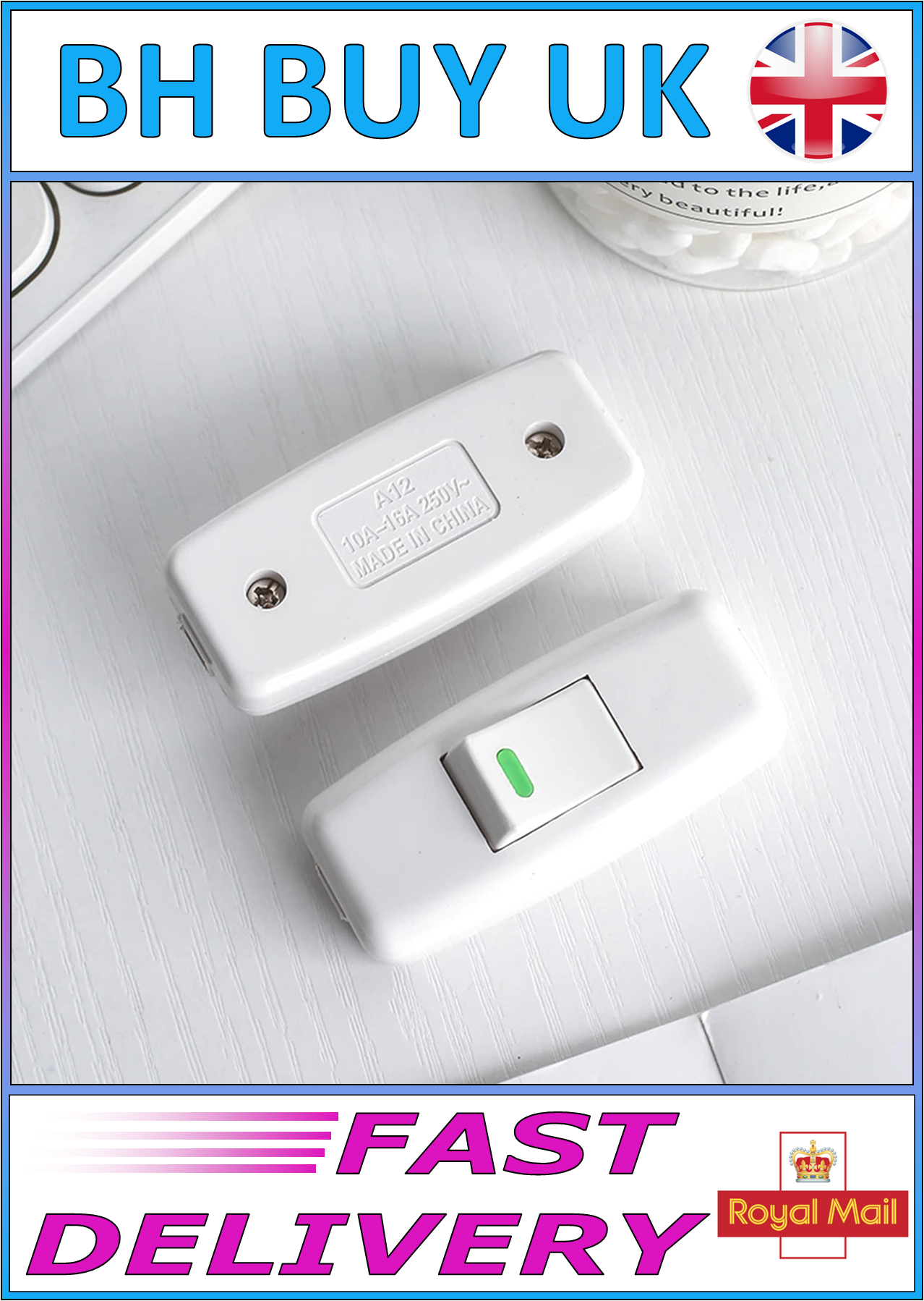 5 x WHITE INLINE CABLE LIGHT SWITCH 250V 10A
