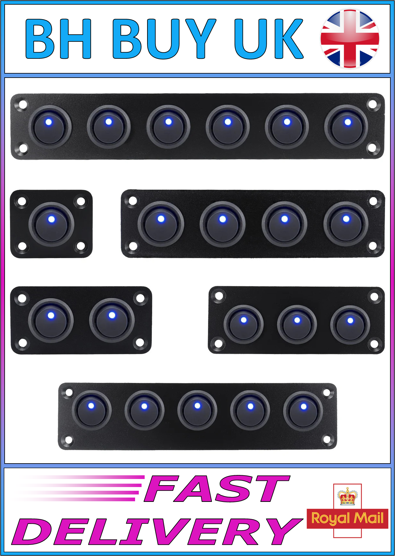 20A ALUMINIUM ROCKER SWITCH PANEL 1 2 3 4 5 6 SWITCHES 12V 3 PIN
